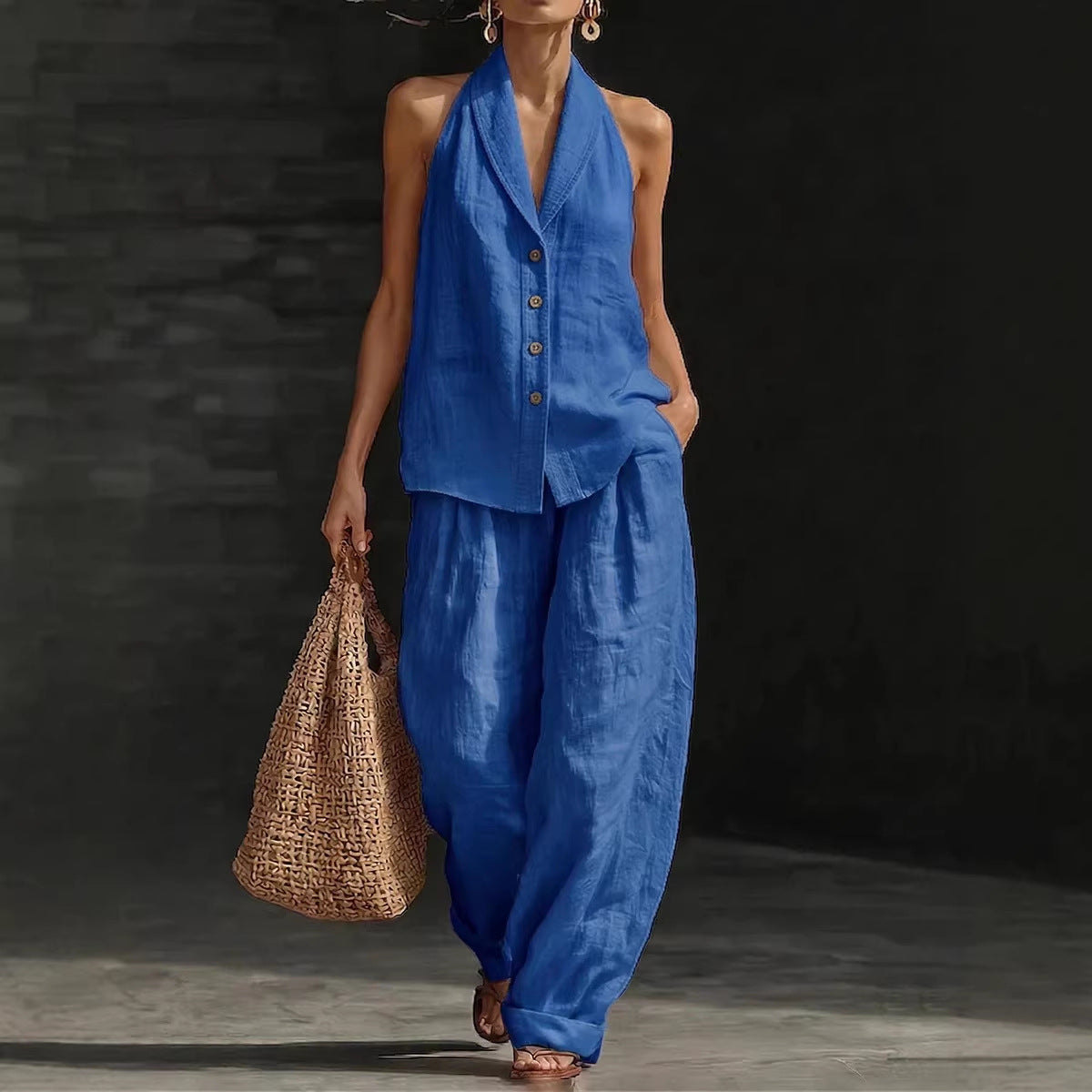 Women's Sleeveless Vest & Wide-Leg Pants Cotton-Linen Two-Piece Set FitiqueFit