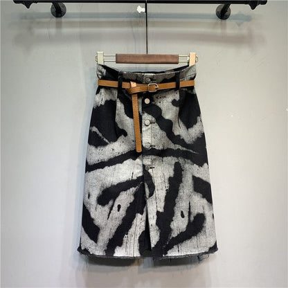 Tie-dyed High Waist Stretch Denim Skirt Grayceful LLC