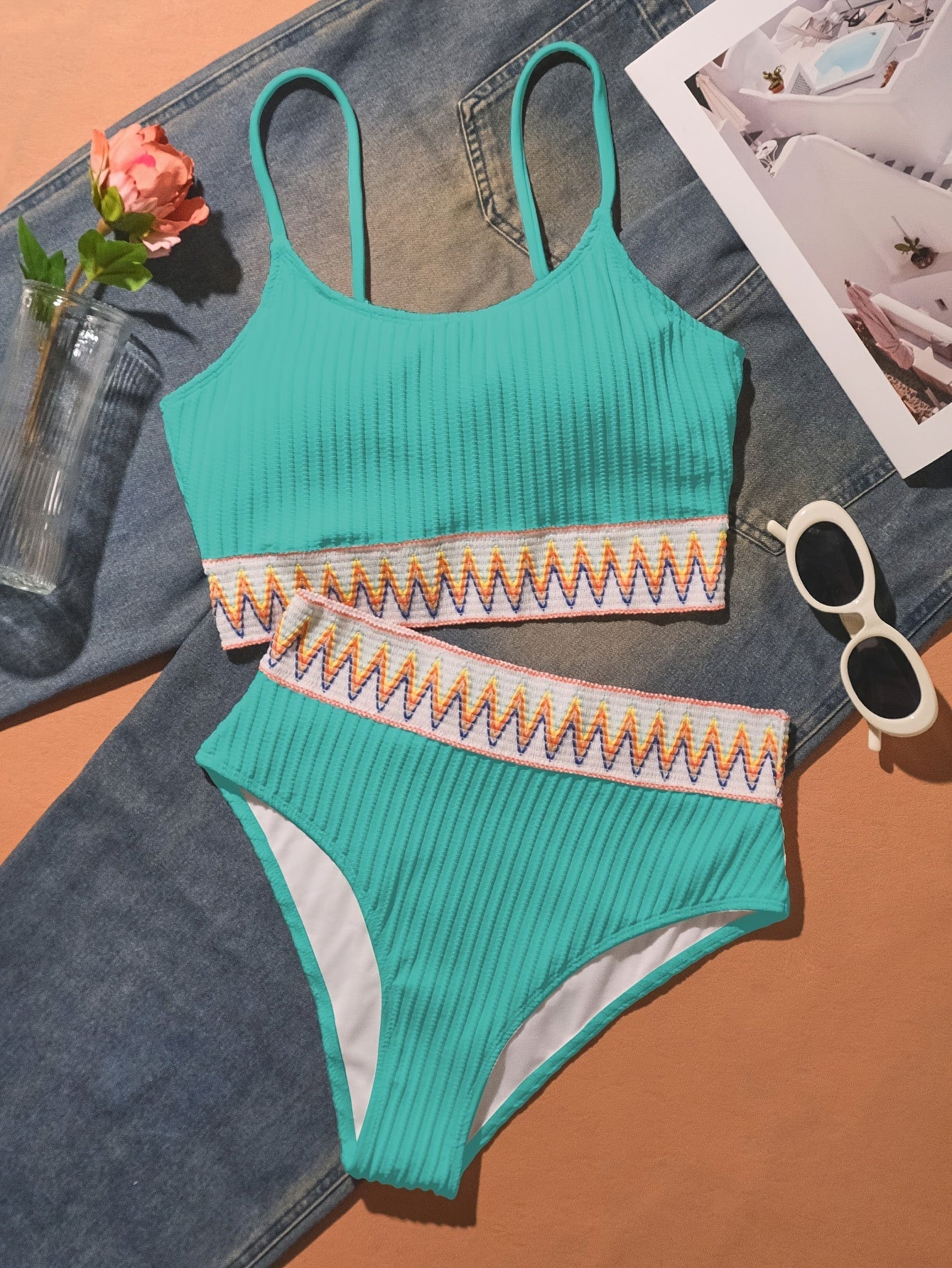 Bikini Scoop Neck High Waist 2 Piece Swimsuit for Women – Chic Solid Color Bikini Set with Contrast Band Detail – Stretchy Comfortable Flattering Swimwear for Beach Pool and Summer Vacation Stevvex