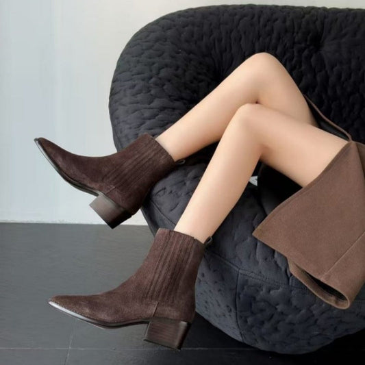 Women’s Retro Square-Toe Mid-Heel Chunky Leather Boots FitiqueFit