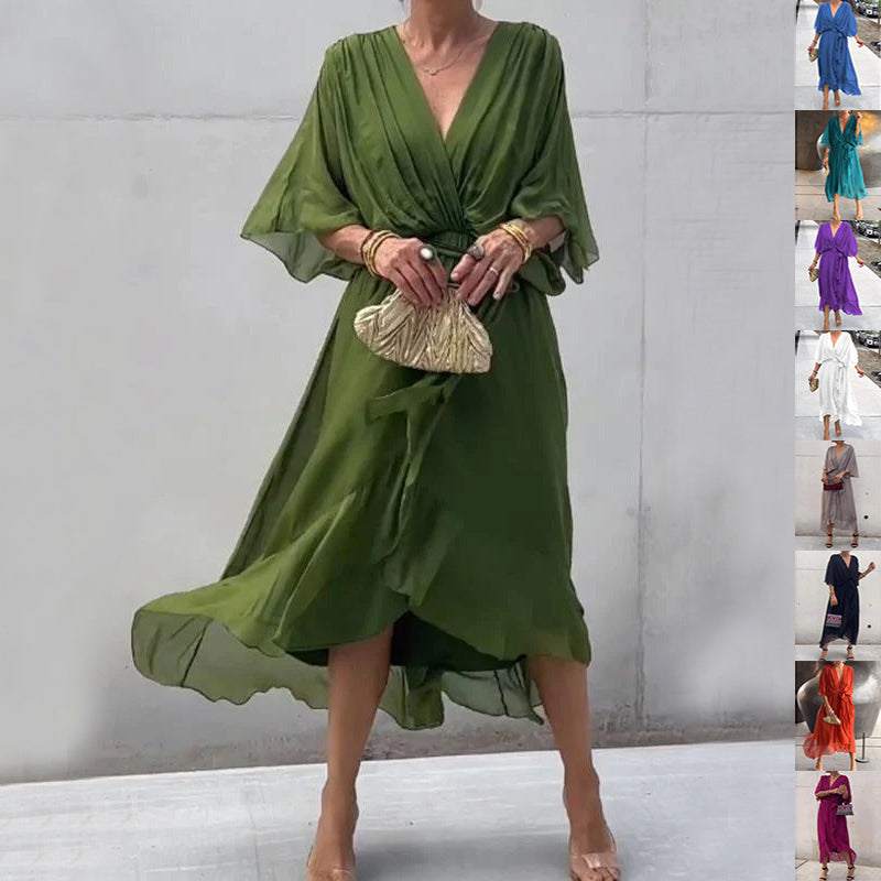 Batwing Sleeve V-Neck Midi Dress – Tied Irregular Hem Fairy Dress FitiqueFit