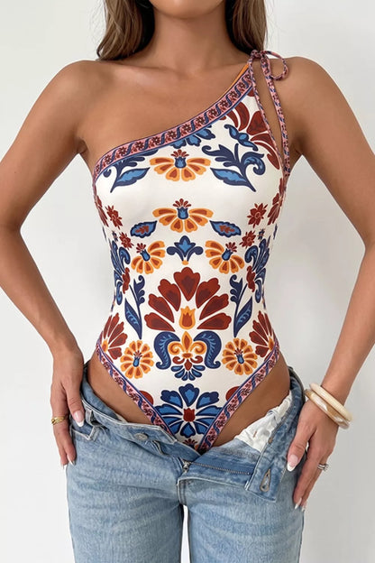 Floral Print One-Shoulder Tie Bodysuit New Era Fashion LLc