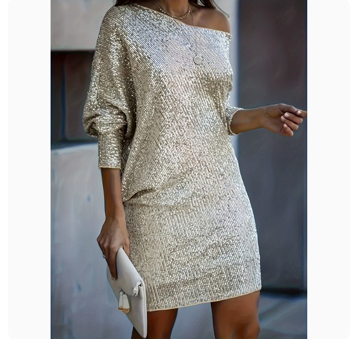 Fashion Oblique Shoulder Sequins Dress Ins Long-sleeved Dresses For Party Women's Clothing Grayceful LLC