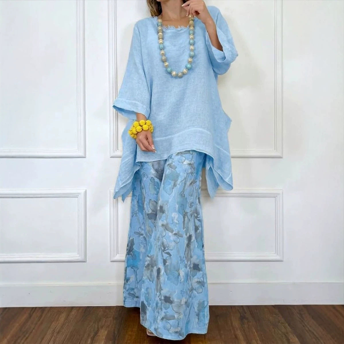 Cotton-Linen Irregular Hem Drop-Shoulder Top & Wide-Leg Pants Set | 3 Colors FitiqueFit