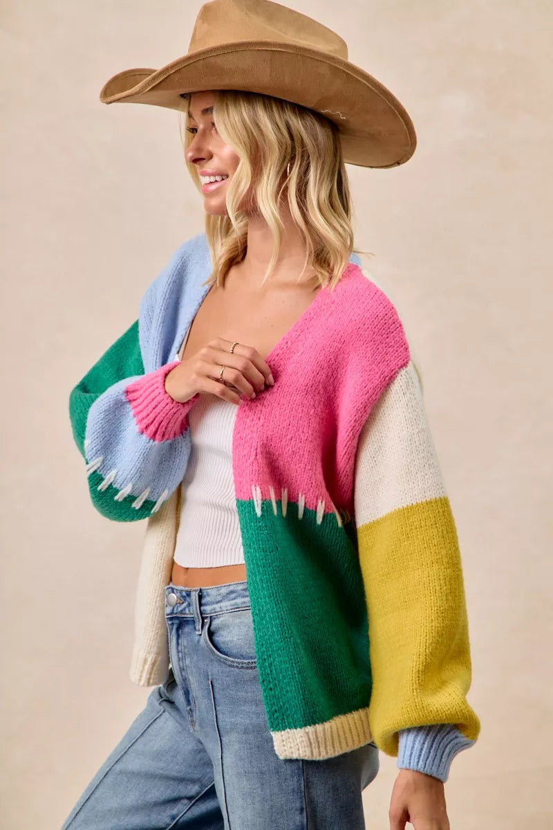 BiBi Color Block Open Front Sweater Cardigan FitiqueFit