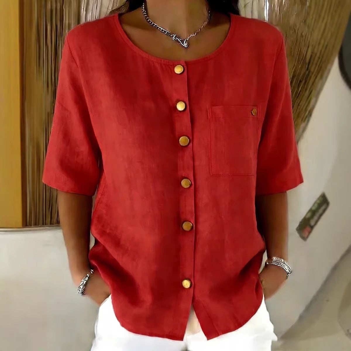 Crew-Neck 3/4 Sleeve Shirt with Metal Buttons – 7 Colors, S–3XL FitiqueFit