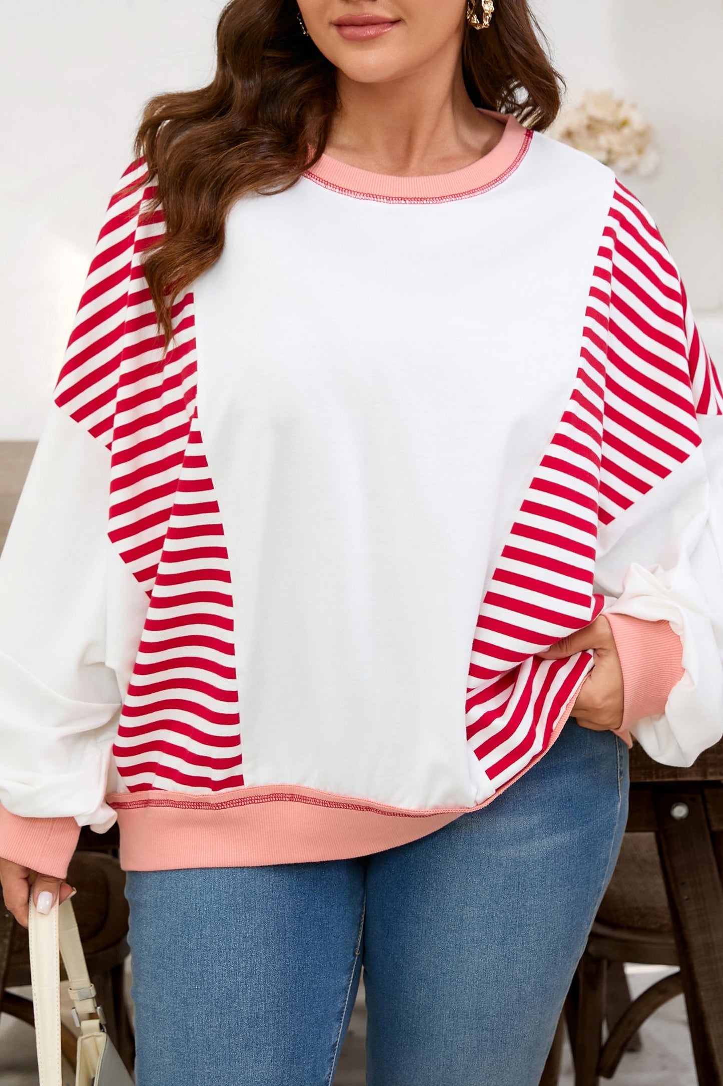Red Stripe Color Block Patchwork Seam Detail Plus Size Sweatshirt Garden Naked Curves