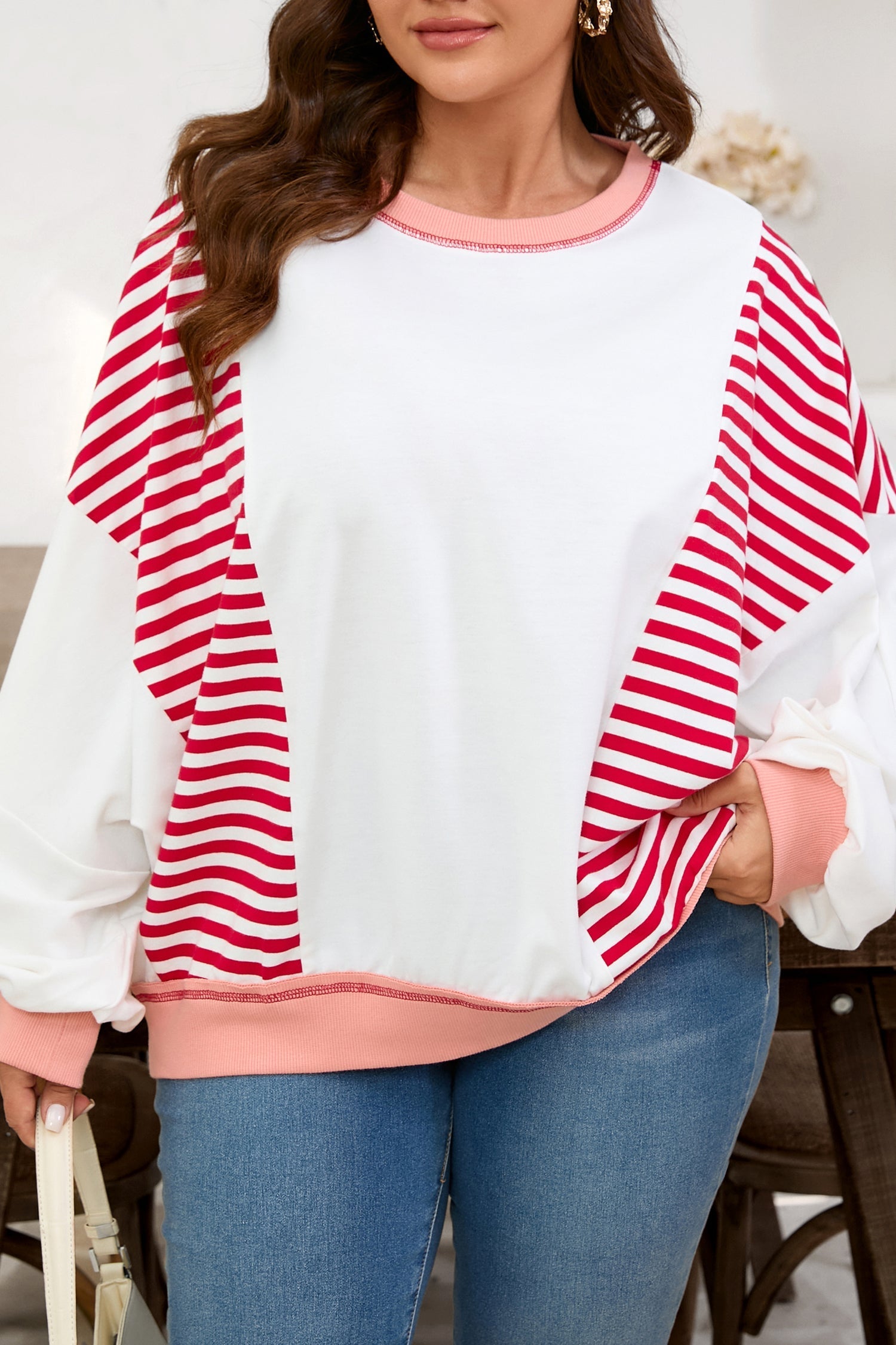 Red Stripe Color Block Patchwork Seam Detail Plus Size Sweatshirt Garden Naked Curves