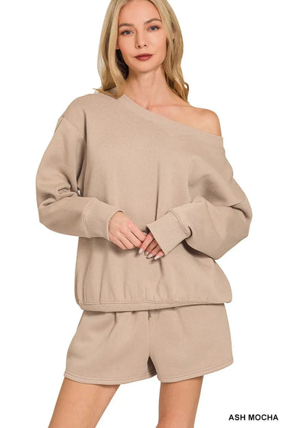Zenana Fleece Boat Neck Sweatshirt and Shorts Set West2East Surf