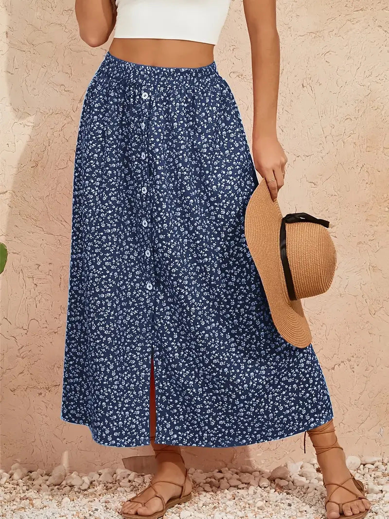 European And American Printed Breasted Self-tie Summer Pastoral A- Line Skirt Advanced Skirt Grayceful LLC