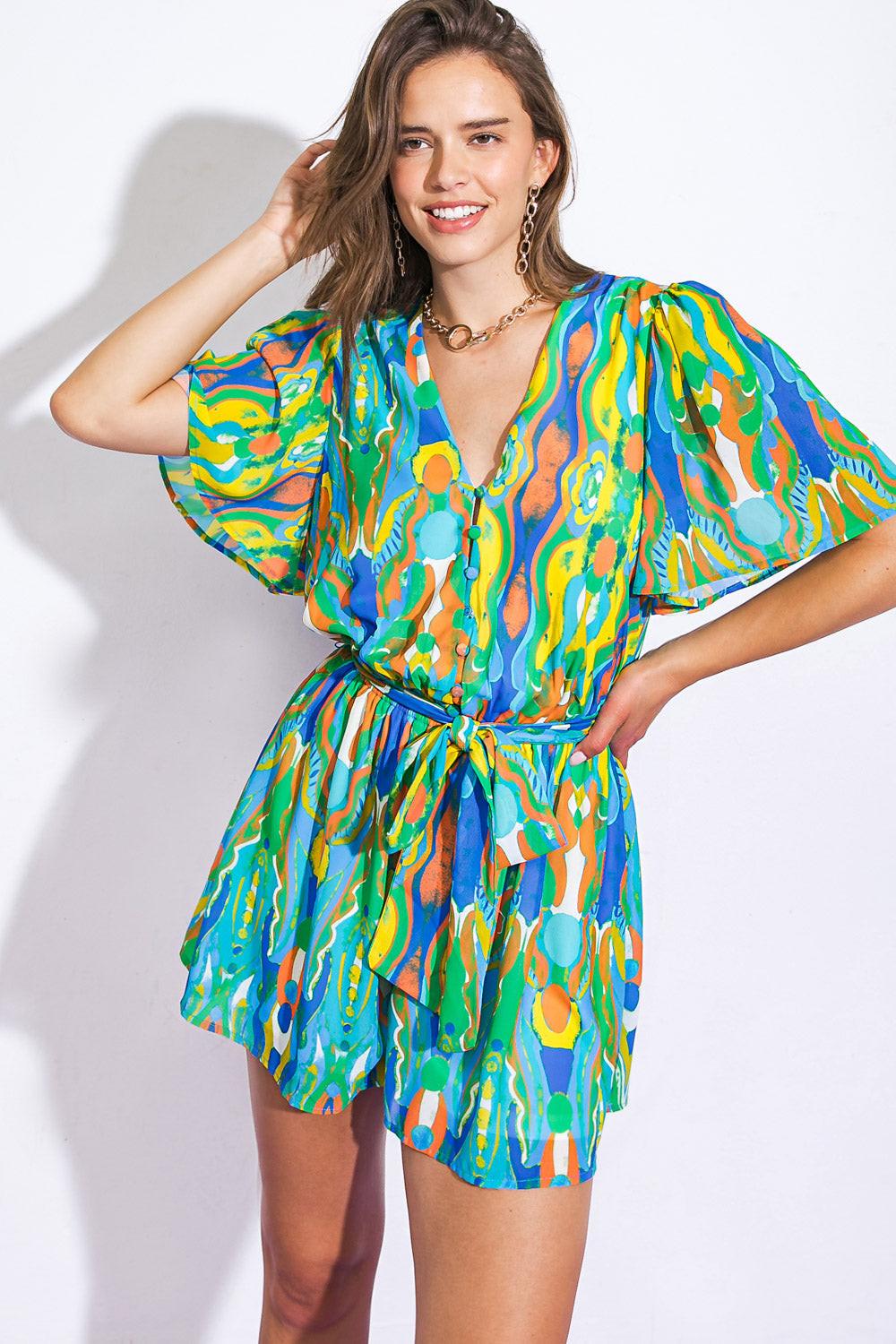 IN MY HAPPY PLACE WOVEN ROMPER Flying Tomato