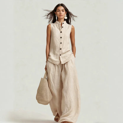 Women's Stand Collar Sleeveless Top & High-Waist Wide-Leg Pants Set FitiqueFit