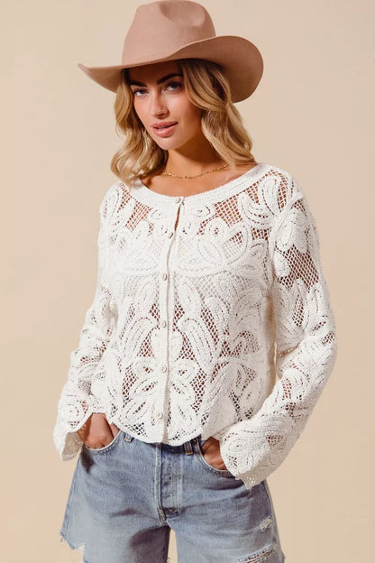 SO ME Button Front Floral Pattern Crochet Lace Cardigan New Era Fashion LLc