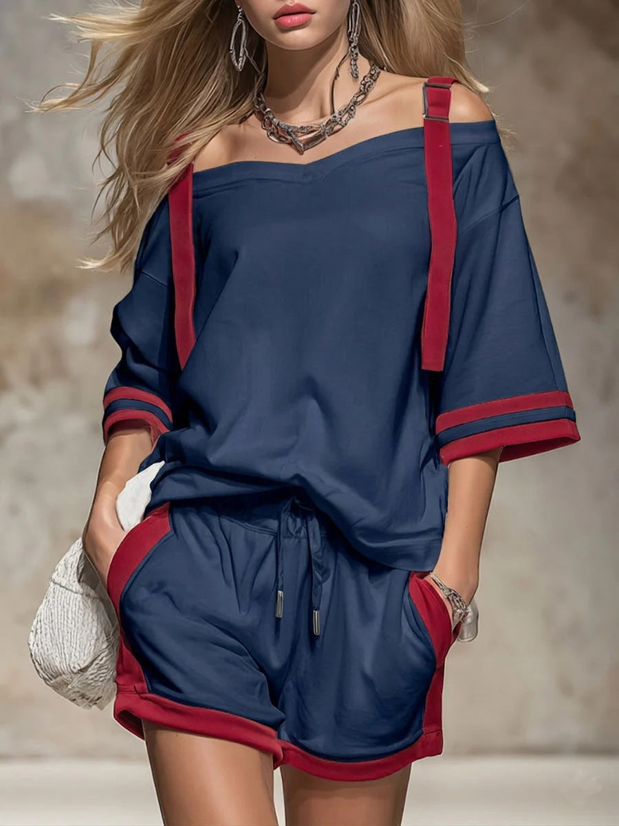 Women's Summer Contrast Color-Block Patchwork Shorts Set – 2-Piece FitiqueFit