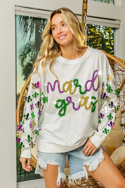 BiBi Fleur De Lis Sleeve Mardi Gras Pullover FitiqueFit