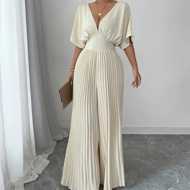 pleated jumpsuit shirt sleeve v-neck Grayceful LLC