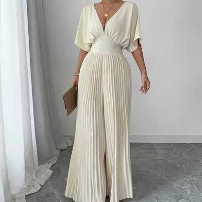 pleated jumpsuit shirt sleeve v-neck Grayceful LLC