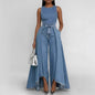 Women’s Crew Neck Sleeveless Wide-Leg Denim Jumpsuit FitiqueFit