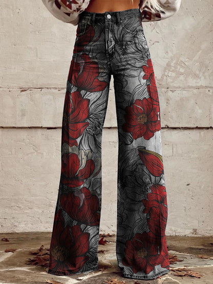 Women's Printed Flare Pants – Mid-Waist Full Length Plus Size FitiqueFit