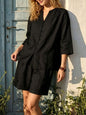 Women's V-Neck Top & High-Waist Wide-Leg Shorts Two-Piece Set FitiqueFit