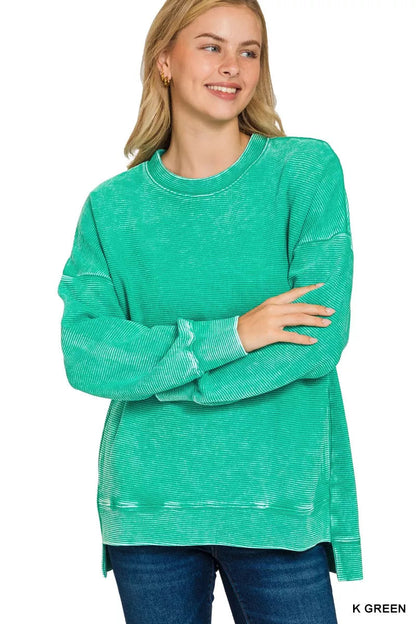 Zenana Full Size Acid Washed Double Ribbed Hi-low Sweatshirt Plus Size Garden Naked Curves