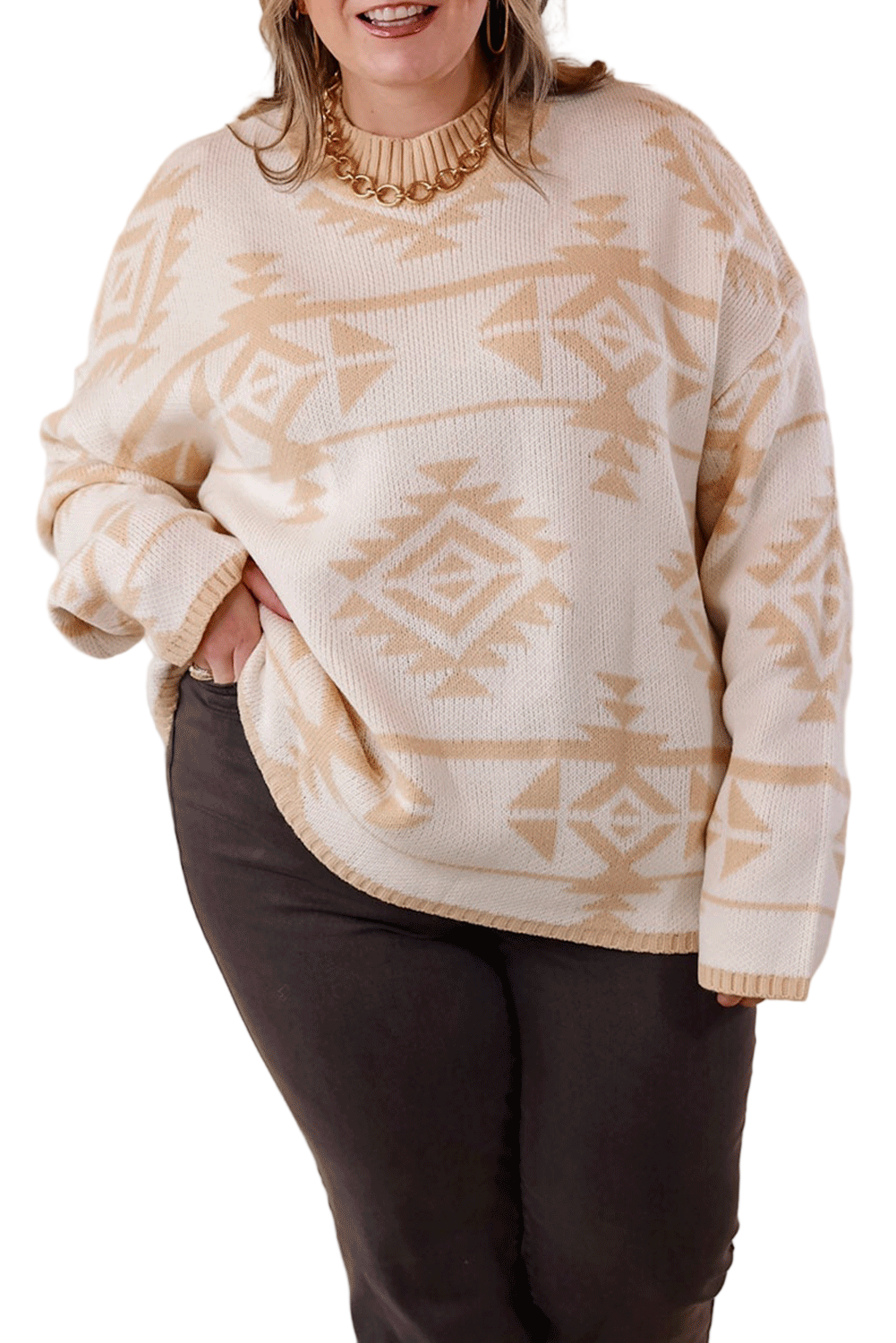 Apricot Plus Size Western Aztec Print Loose Sweater Garden Naked Curves