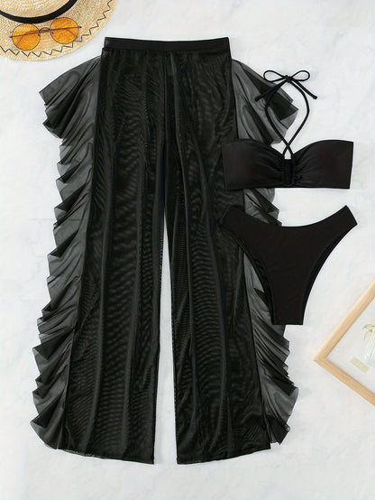 Pure Black Sexy Semi-Sheer Fashion Ruched Crisscross Strap Mesh Panty Bikini Set for Women NovaCart