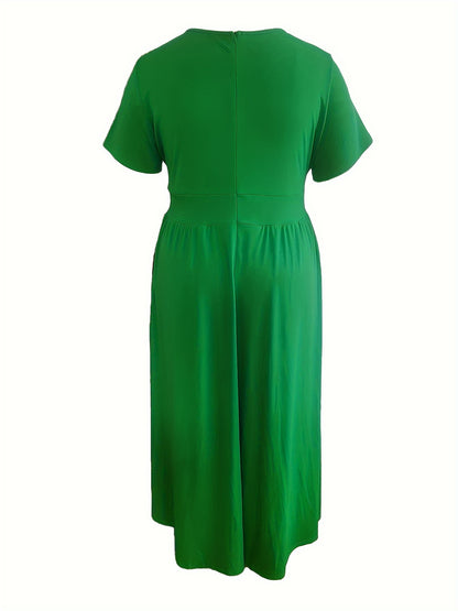 Plus Size Solid Short Sleeve Maxi Dress, Women's Plus Medium Stretch Elegant Long Dress NovaCart