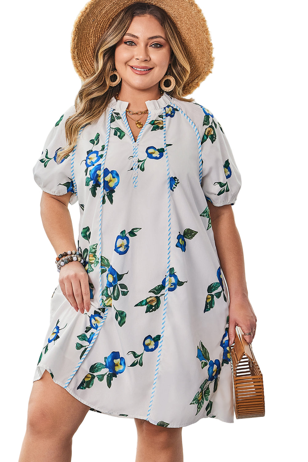 White Plus Size Floral Short Puff Sleeve Contrast Tie V Neck Dress Garden Naked Curves