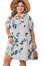 White Plus Size Floral Short Puff Sleeve Contrast Tie V Neck Dress Garden Naked Curves