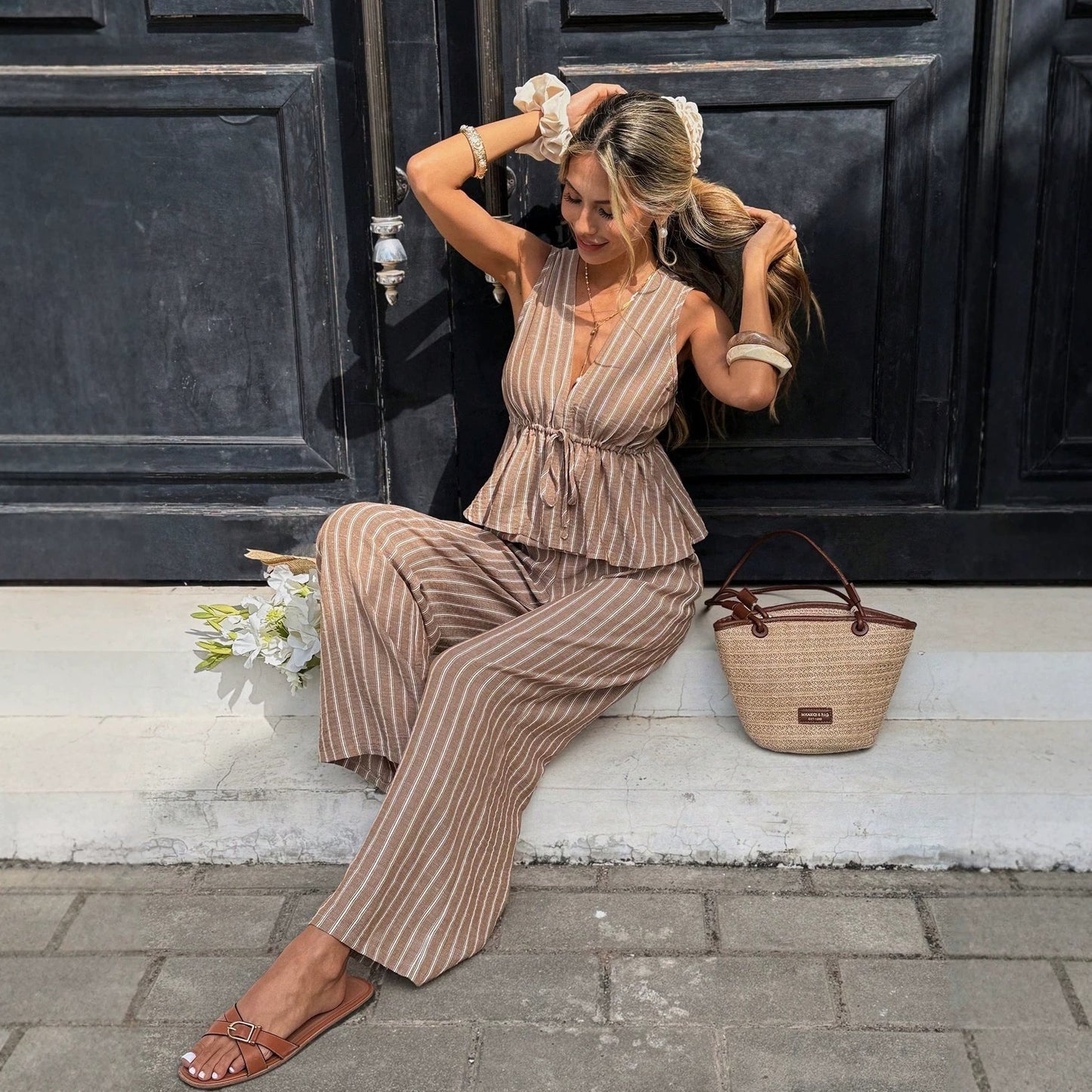 Women's Striped Sleeveless Top & Wide-Leg Pants Two-Piece Set FitiqueFit