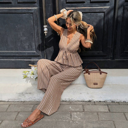 Women's Striped Sleeveless Top & Wide-Leg Pants Two-Piece Set FitiqueFit