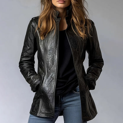Vintage Style PU Jacket — Mid-Length Open Cardigan Leather Coat with Pockets FitiqueFit
