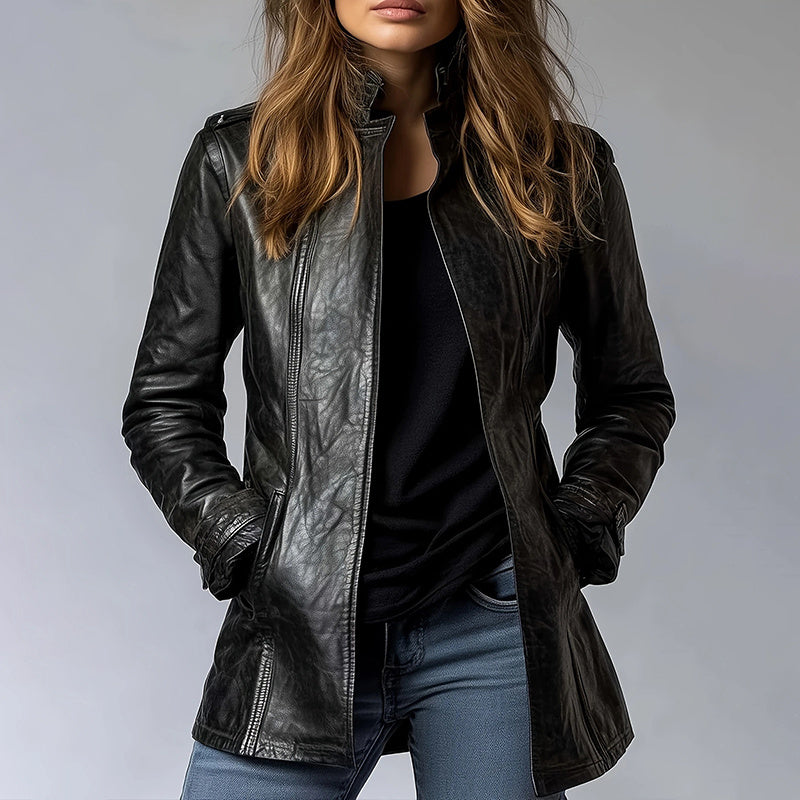 Vintage Style PU Jacket — Mid-Length Open Cardigan Leather Coat with Pockets FitiqueFit