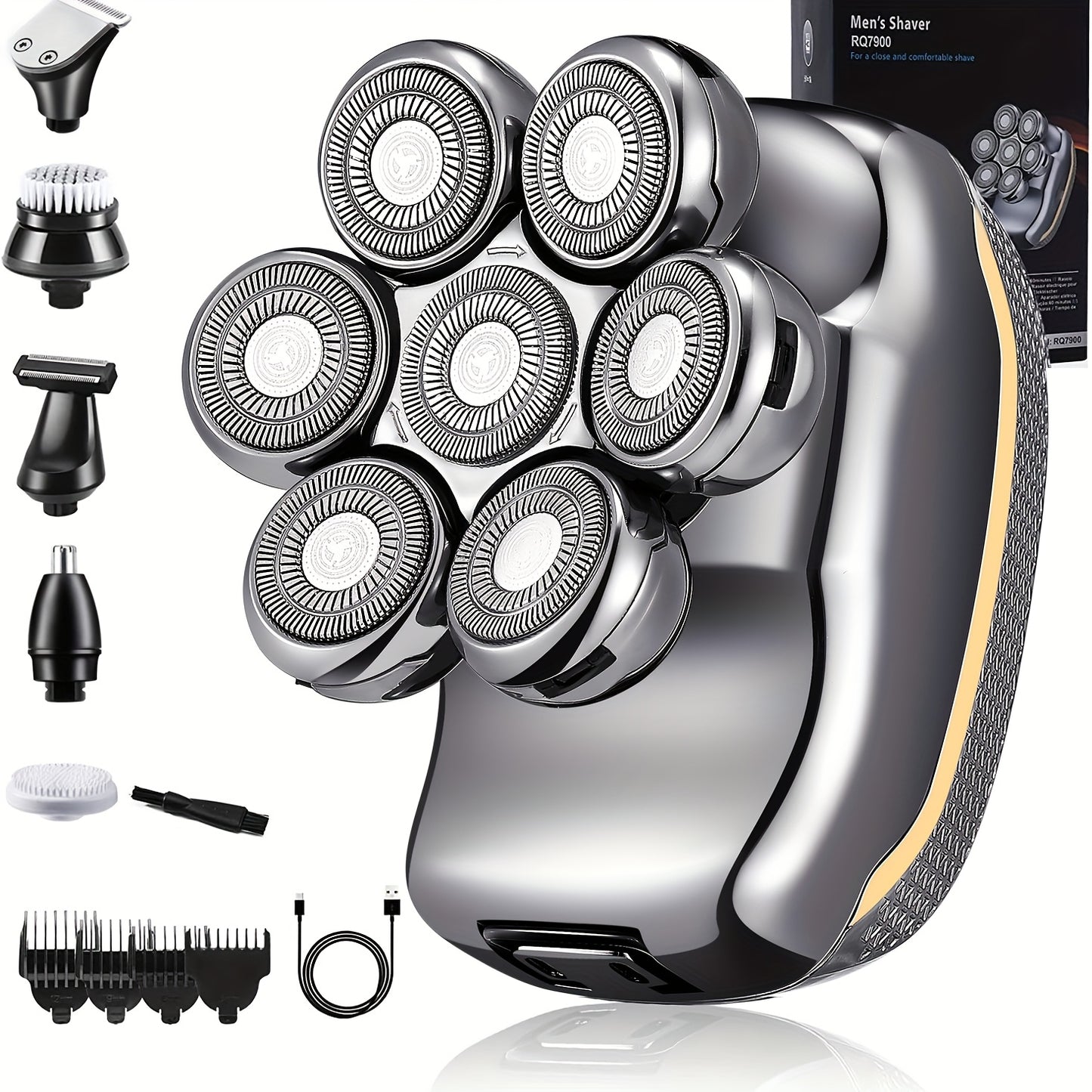 Men's Electronic Head Shaver Razor - Rechargeable Cordless Hair Shaving Razors For Bald Man 6 In 1 Wet Dry Beard Trimmer Body Hair Cutting Clipper Grooming Kit 7 Rotary Heads NovaCart