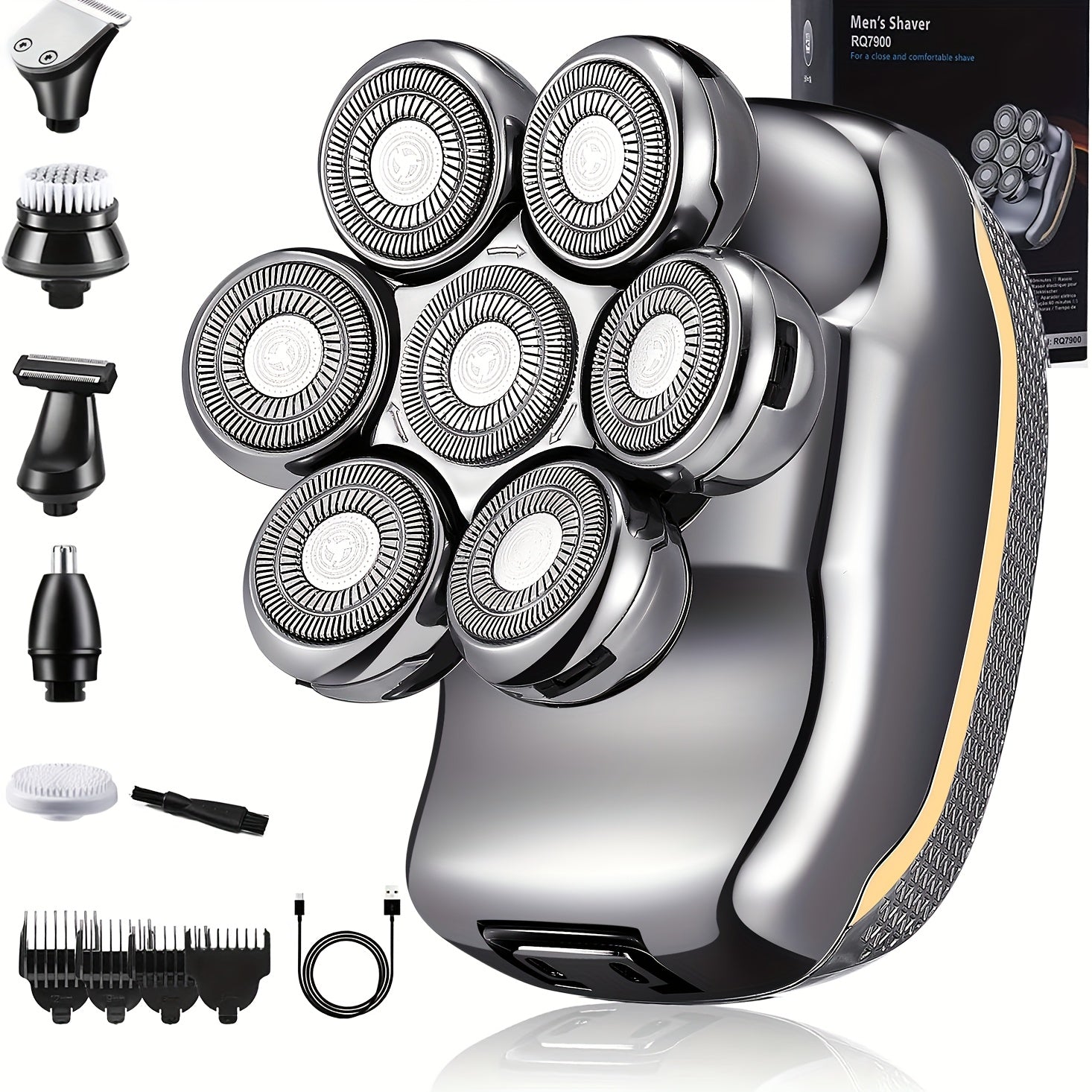 Men's Electronic Head Shaver Razor - Rechargeable Cordless Hair Shaving Razors For Bald Man 6 In 1 Wet Dry Beard Trimmer Body Hair Cutting Clipper Grooming Kit 7 Rotary Heads NovaCart