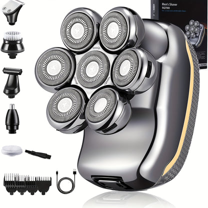Men's Electronic Head Shaver Razor - Rechargeable Cordless Hair Shaving Razors For Bald Man 6 In 1 Wet Dry Beard Trimmer Body Hair Cutting Clipper Grooming Kit 7 Rotary Heads NovaCart