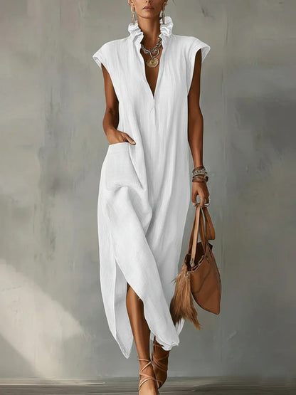Women’s Cotton-Linen Sleeveless Solid-Color Shirt Dress FitiqueFit