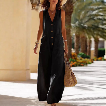 Women's Sleeveless Cotton-Linen Wide-Leg Jumpsuit – Button Pockets FitiqueFit