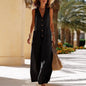 Women's Sleeveless Cotton-Linen Wide-Leg Jumpsuit – Button Pockets FitiqueFit