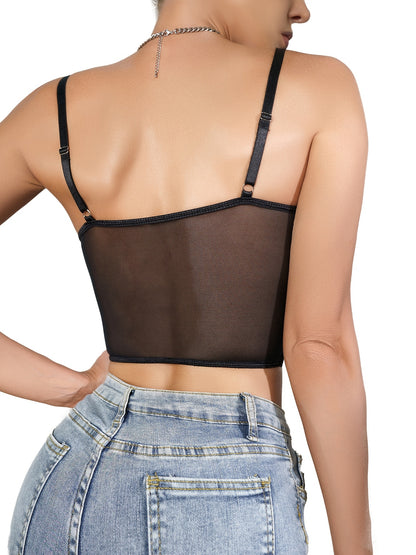 Cross-border Foreign Trade New European and American Vintage Lace Fishbone Steel Ring Niche Design Hollow-out See-through V-neck Sexy Hot Style Camisole Lingerie NovaCart