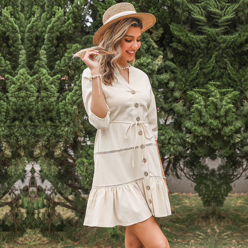 Women's V-Neck A-Line Dress – Three-Quarter Sleeve Button Contrast Panel FitiqueFit