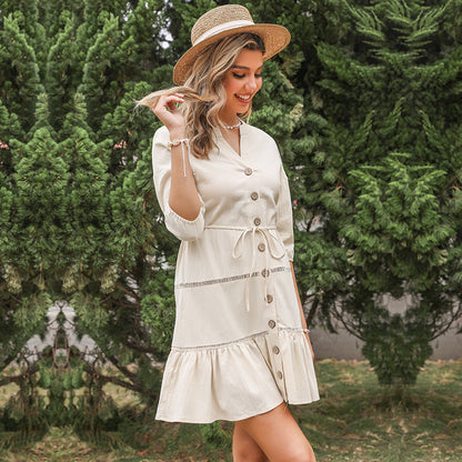 Women's V-Neck A-Line Dress – Three-Quarter Sleeve Button Contrast Panel FitiqueFit