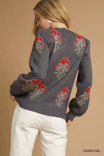 Umgee Single Flower Stem Jacquard Sweater FitiqueFit