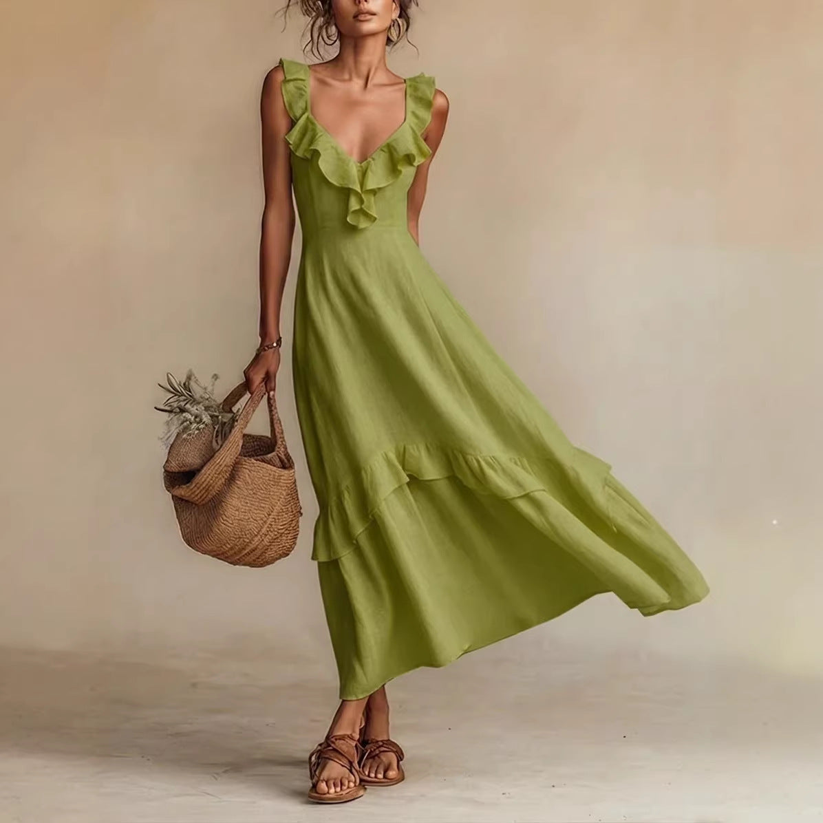 Sleeveless Ruffle Detail High-Waist Maxi Dress – 7 Colors, S–3XL FitiqueFit