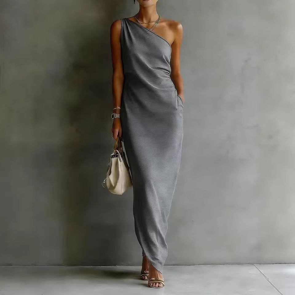 Women's Satin Off-Shoulder Slim-Fit Maxi Dress FitiqueFit
