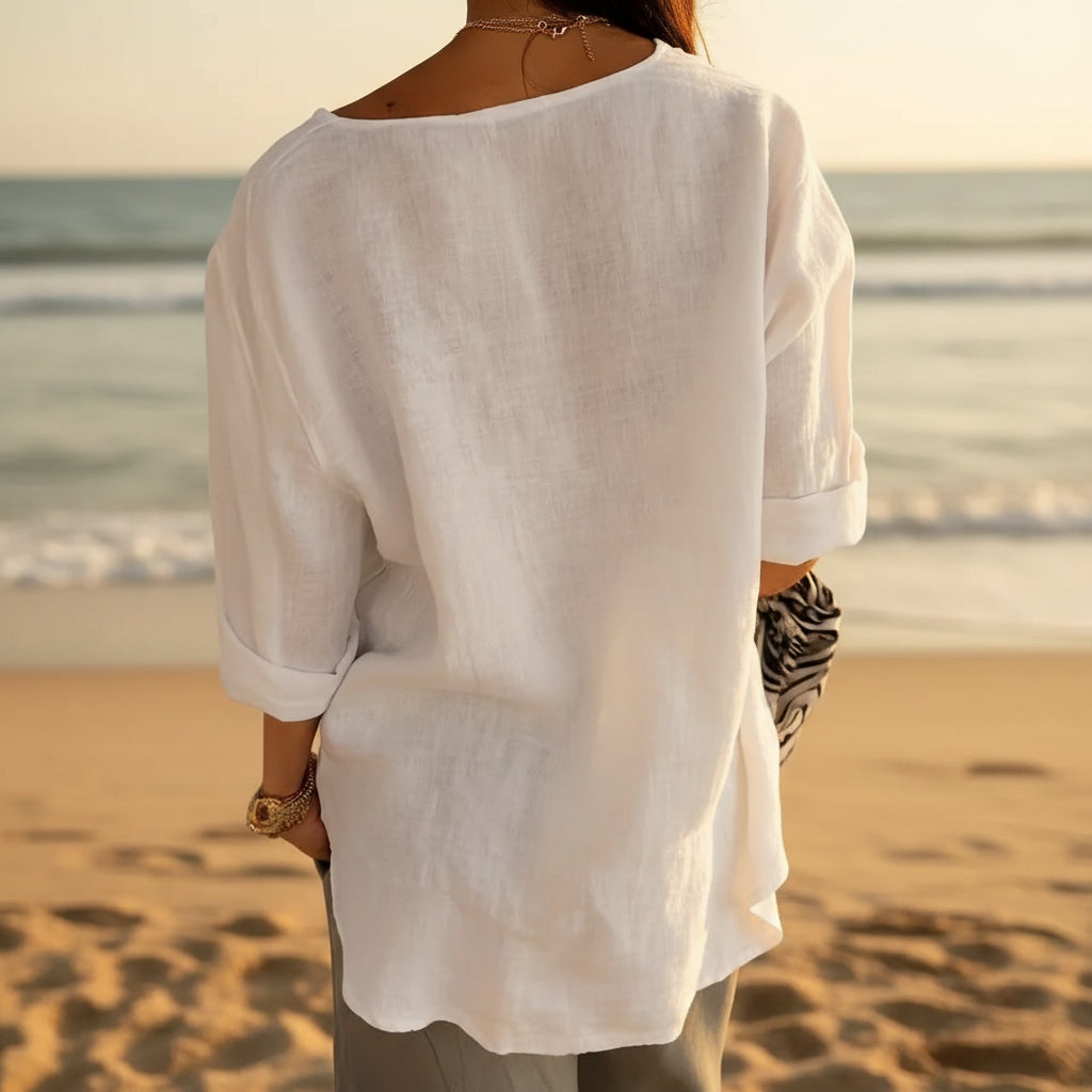 Women's V-Neck Long-Sleeve Button Top – Loose Fit Casual Blouse FitiqueFit