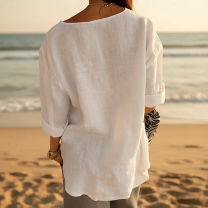 Women's V-Neck Long-Sleeve Button Top – Loose Fit Casual Blouse FitiqueFit