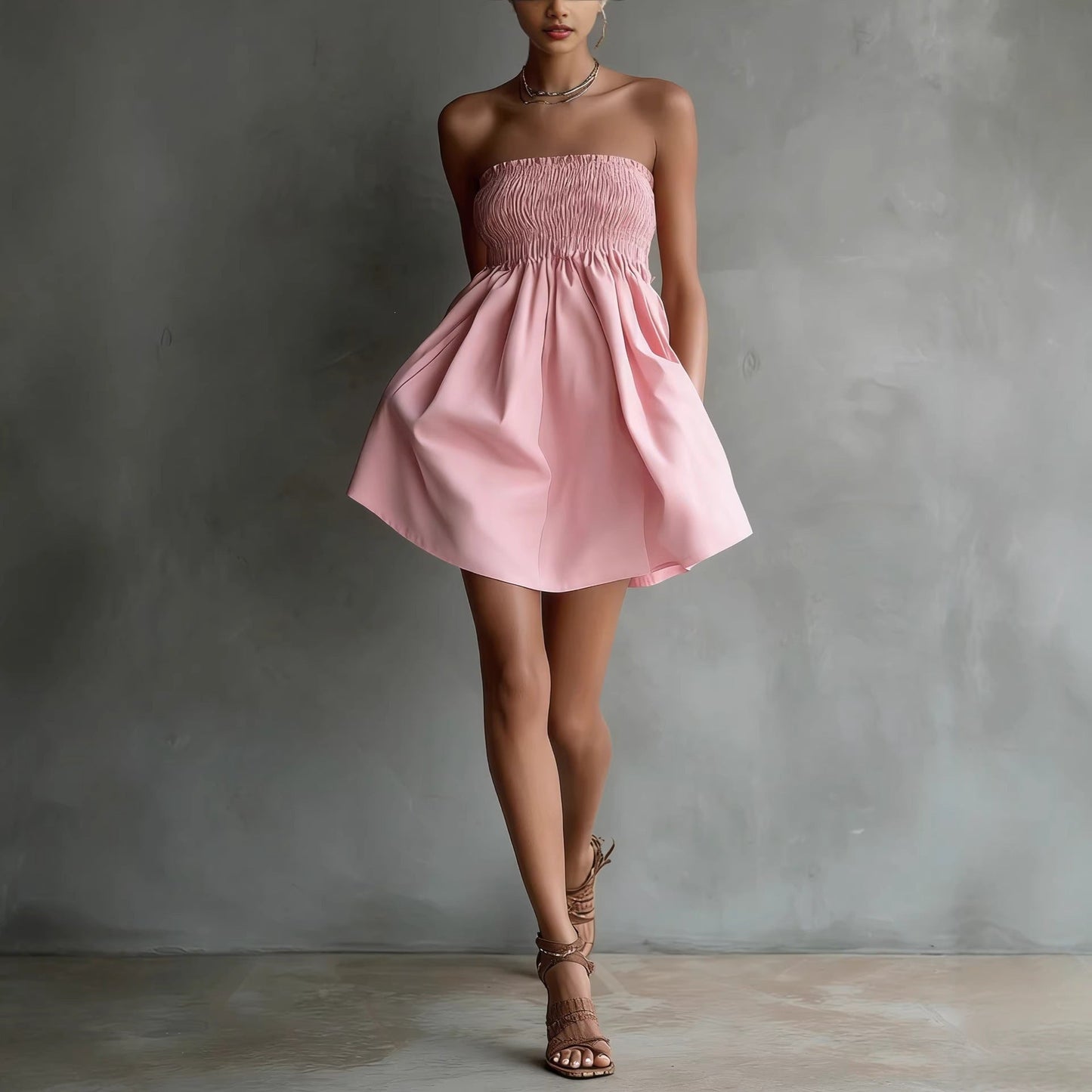 Women's Strapless Tube Mini Dress – Solid Color Elastic Waist FitiqueFit