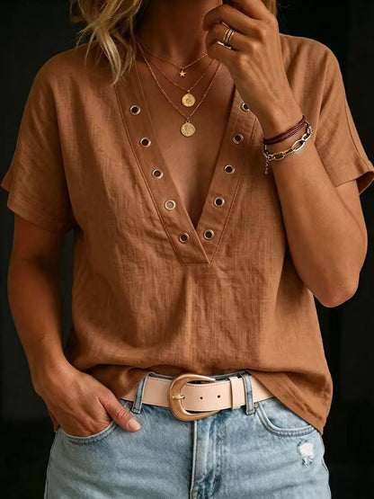 Women's V-Neck Short-Sleeve Loose-Fit Linen Shirt FitiqueFit
